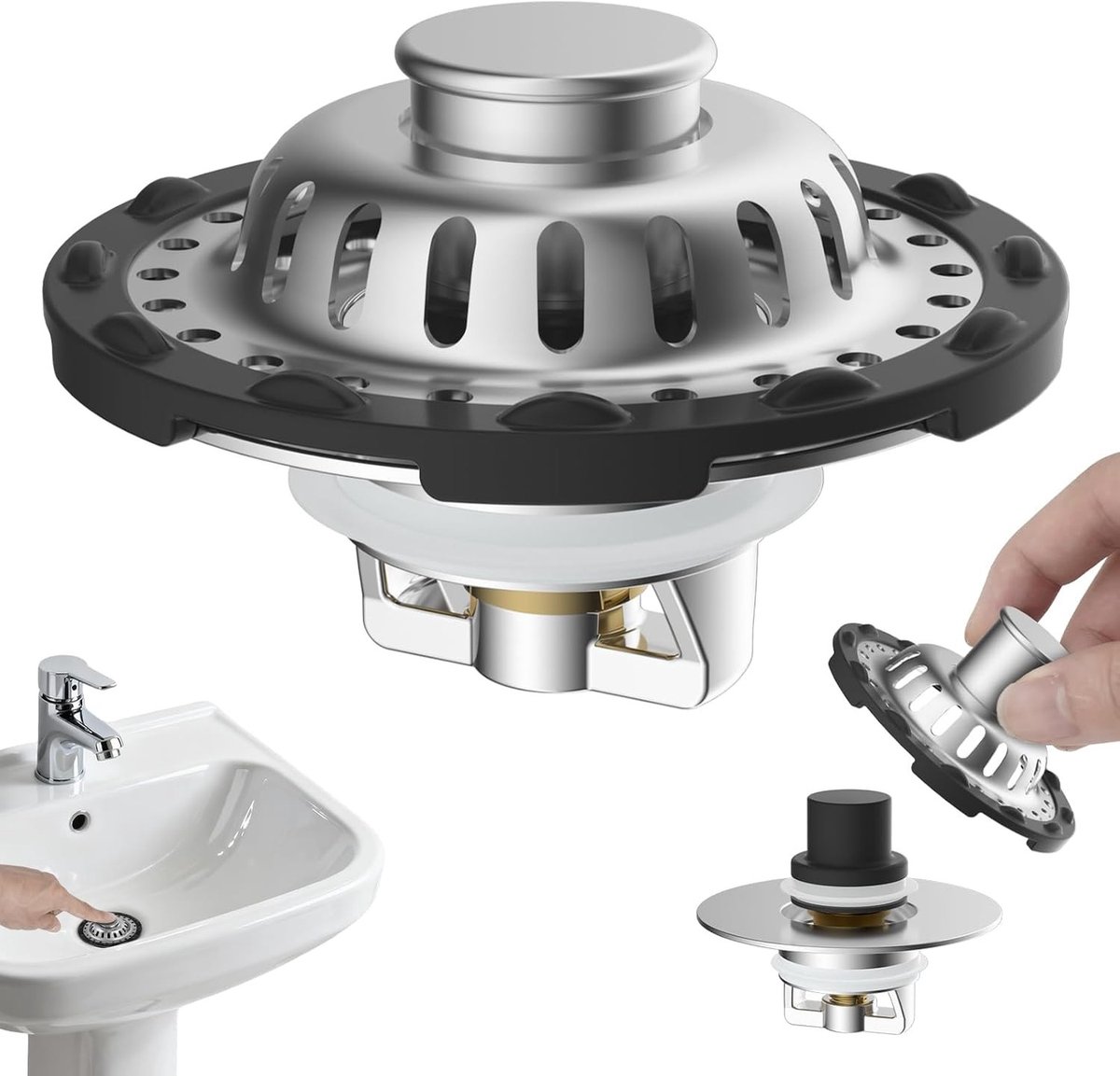 3-in-1 Afvoerstopper van RVS voor 25-46mm Afvoeropening, Pop-Up Afvoerzeef met Verwijderbare Filtermand, Haarvanger en Messing Kern