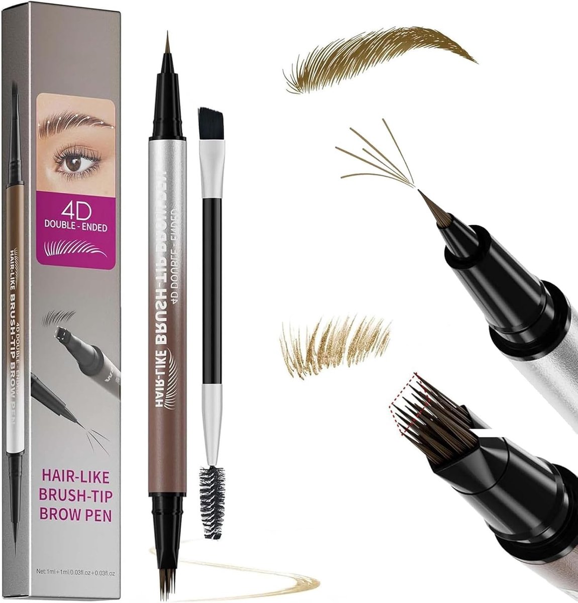 2-in-1 Oogbrauwpen met 4D Oogbrauwpotlood en Fijne Punt, Waterproof en Veegbestendig, Inclusief Oogbrauwborstel voor Natuurlijke Oogbrauwen in Lichtbruin