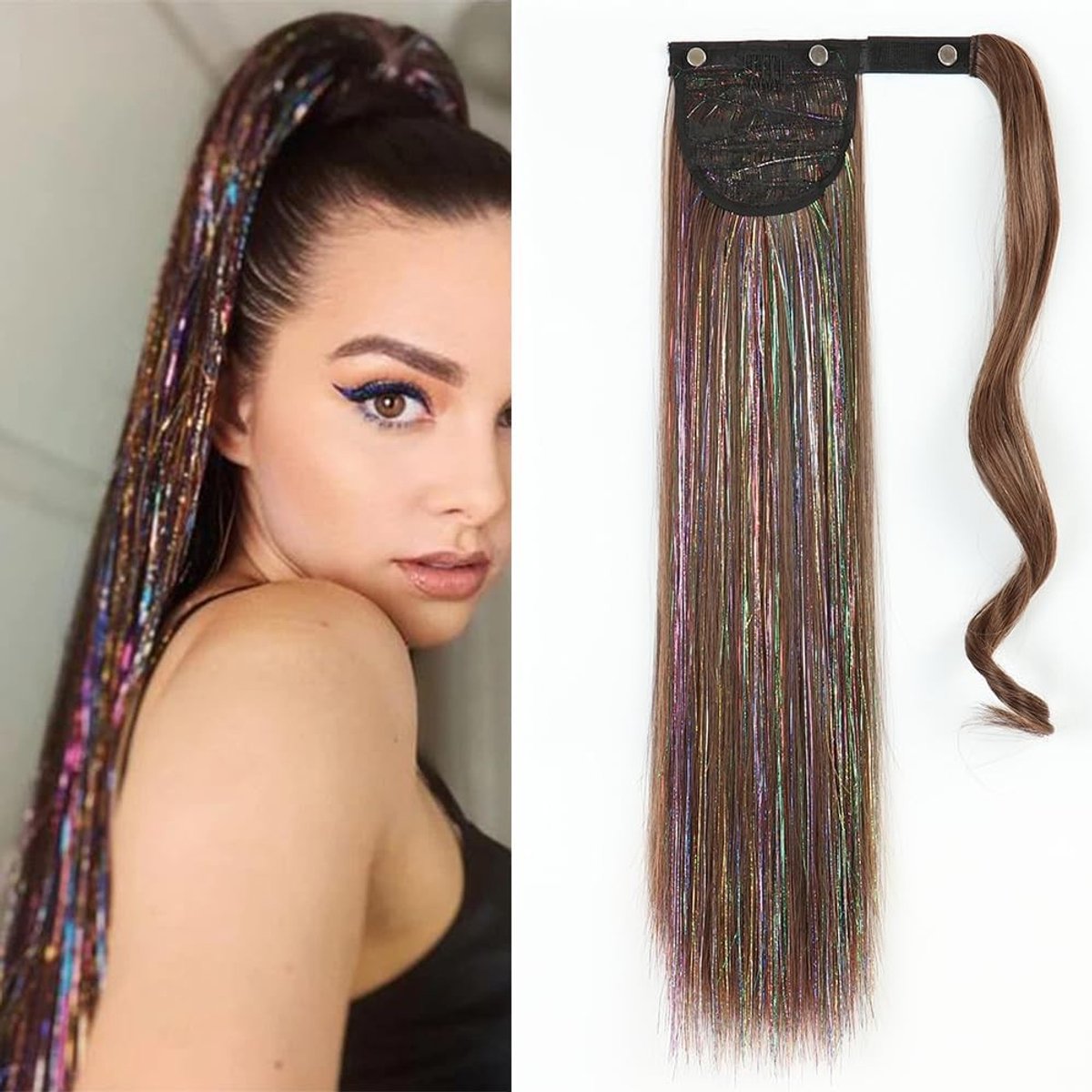 Ponytail Extension met Tinsel 55 cm Bruin Clip-in Haarverlenging voor Natuurlijke Look, Zacht Synthetisch Haar voor Vrouwen en Meisjes