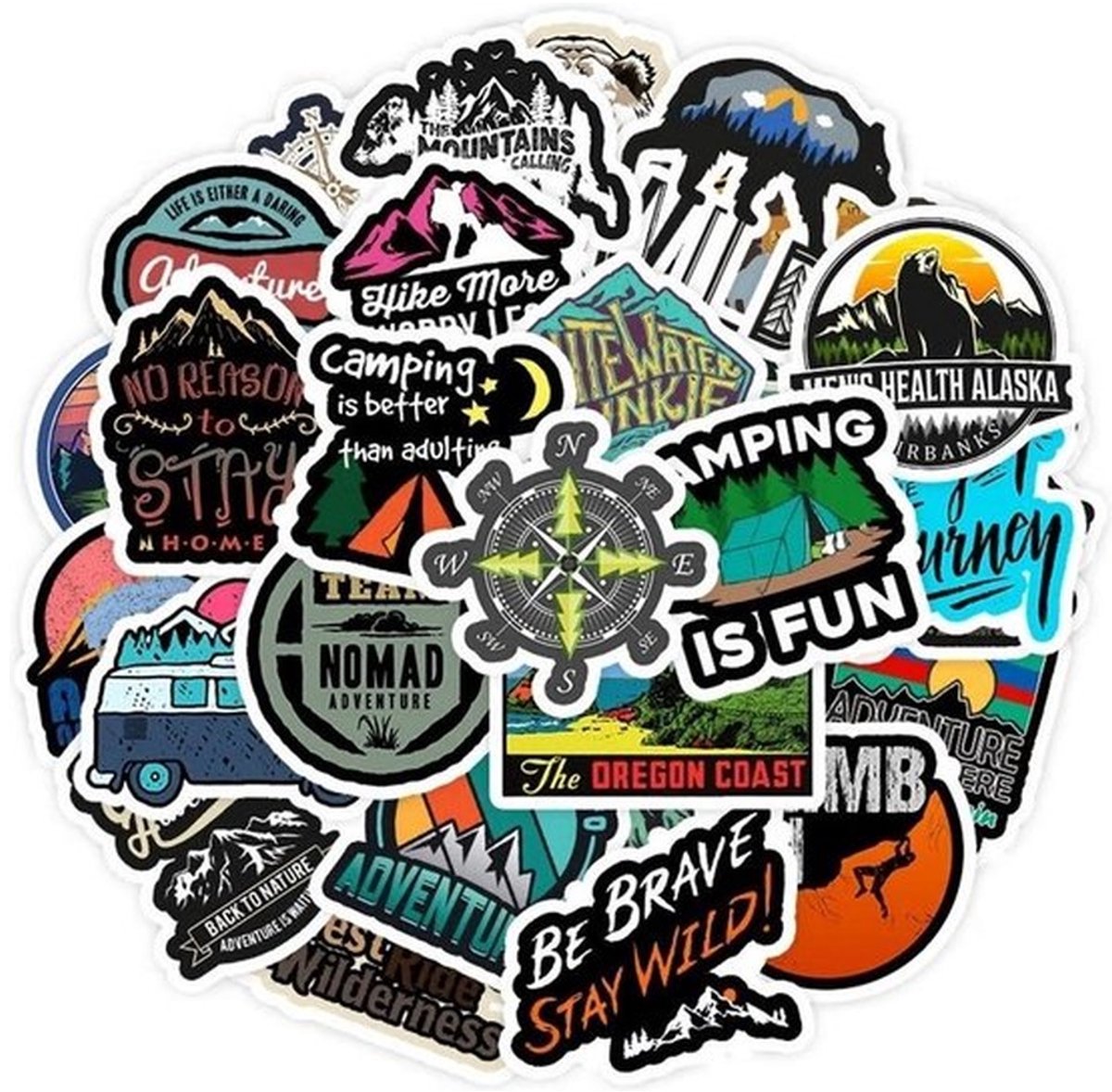 50 Camping Stickers – Outdoor, Natuur & Reisquotes