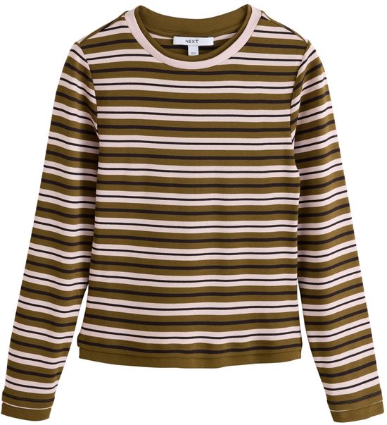 Roze, groen en zwart gestreept t-shirt met lange mouwen en ronde hals.