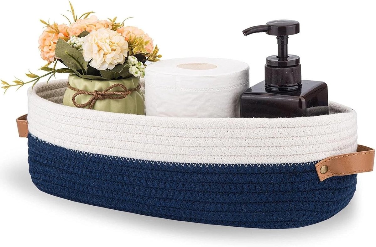 Multifunctionele Opbergmand van Gevlochten Katoen, 13 x 15 x 10 cm, Ideaal voor Badkamer, Slaapkamer en Woonkamer (Blauw met Wit)