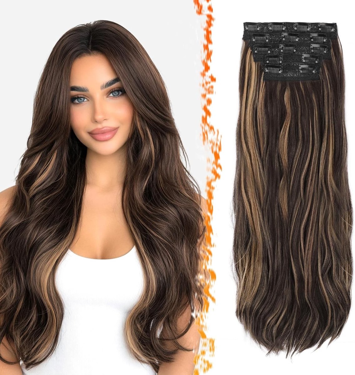 60 cm synthetische lange golvende haarextensions met bruine highlights voor een natuurlijke look