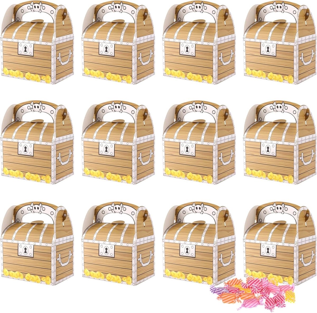 Piraten Schatkist Set van 12 Stuks, Cardboard Gift Boxes voor Kinderen, Verjaardagsfeest, Snoep, Chocolade en Kleine Cadeaus (11×7×7cm)