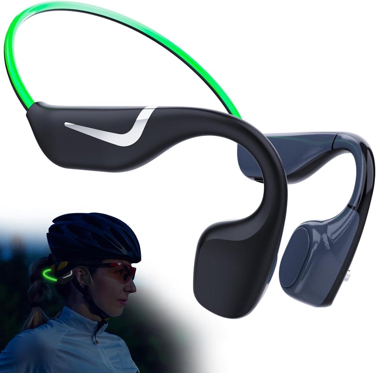 Koptelefoon met botgeleiding - Open oor - Veilig sporten - Slim licht - 20 uur speeltijd - Groen