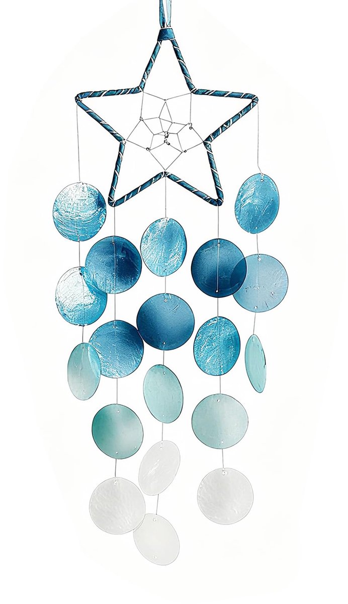 Windgong schelpen buiten - handgemaakt blauw wit strand - decor voor huis en tuin - cadeau aandenken - ShopVlot