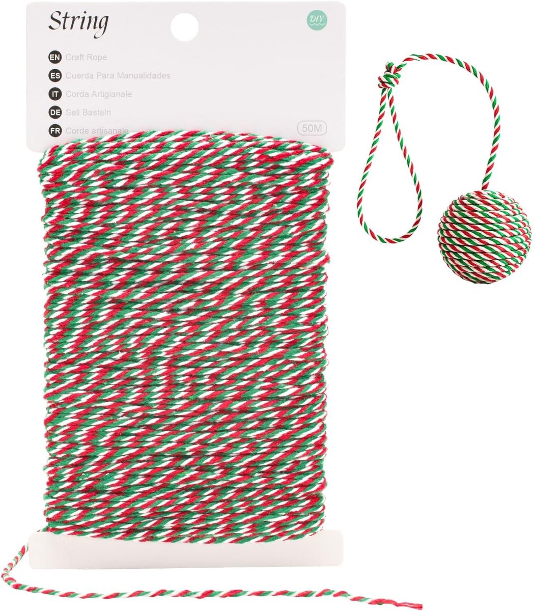 Kerstkoord in groen, rood en wit, 2mm voor het inpakken van cadeaus, knutselen en kerstdecoraties, 50 meter lang