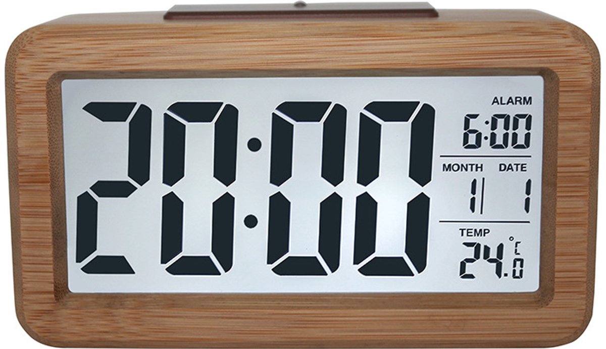 Digitale wekker van hout, LCD-scherm zonder tikgeluid, met datum- en temperatuurweergave, snooze-functie, werkt op batterijen [3 AAA-batterijen nodig]