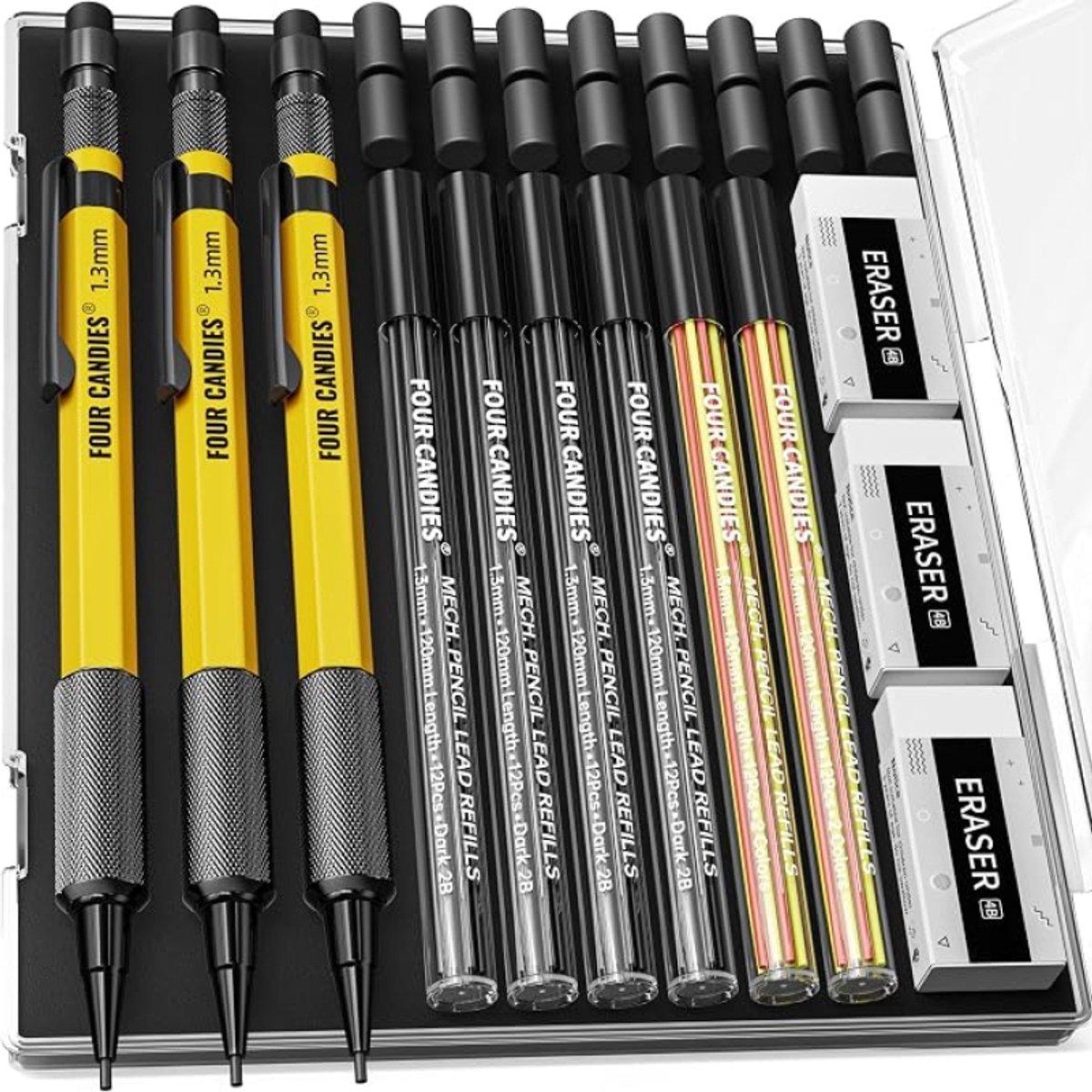3 stuks 1,3 mm Mechanische Potlood Set met Case, Metalen Heavy Duty Timmerman Potloden met 48 Navullingen (Rood, Zwart, Geel) - 3Gum, 12Gum Navulling, Weerbestendig Lichaam, Outdoor Houtbewerking