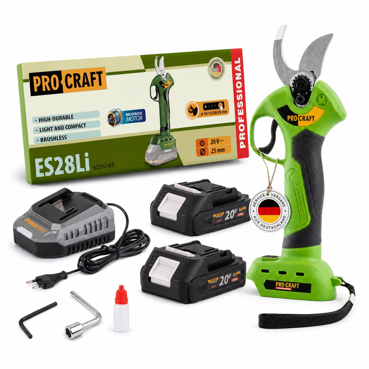Procraft ES28Li bb accu takkenschaar tuinschaar 20 V 25 mm + 2x accu 2,0 Ah + oplader