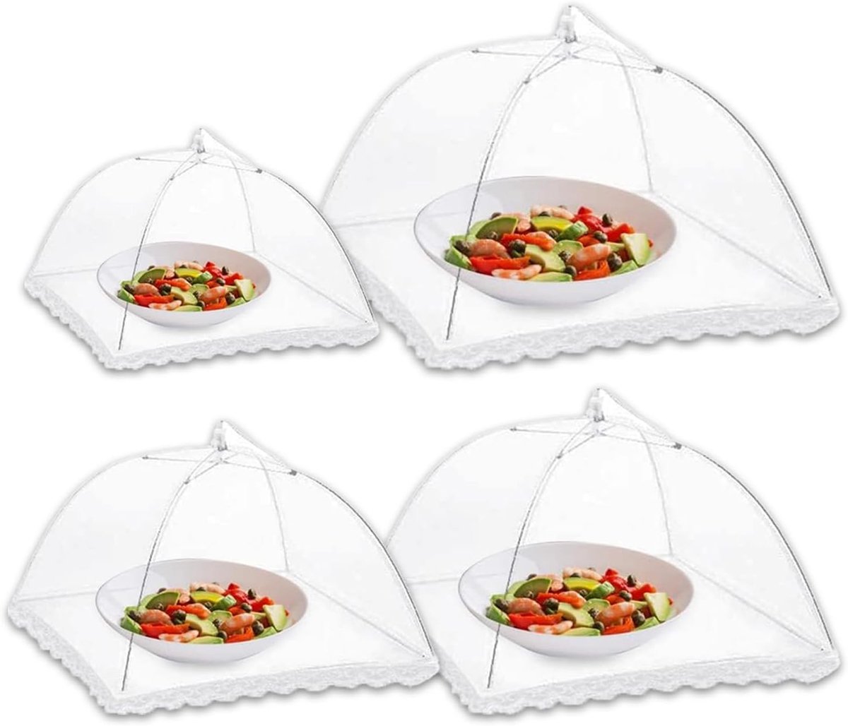 Set van 4 Herbruikbare Voedselbedekkingen, Vliegnetten voor Buiten, Ideaal voor Picknick en Barbecue, Vouwbare Bescherming tegen Insecten, Diverse Maten