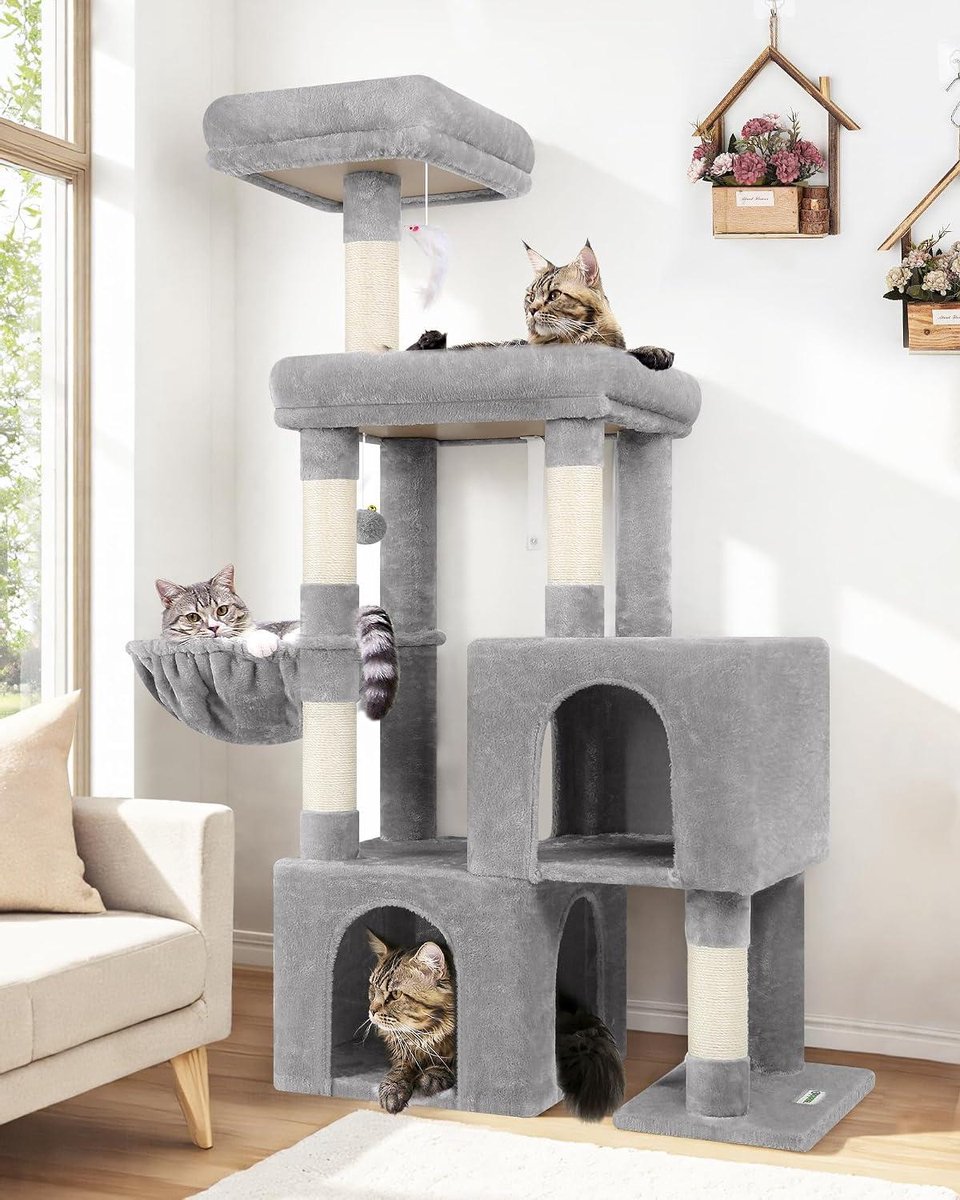 Kattenboom Huis - Krabmeubel - Spelen en Rusten - Stabiel Twee-Poten Ontwerp - 134 cm Hoog - Lichtgrijs