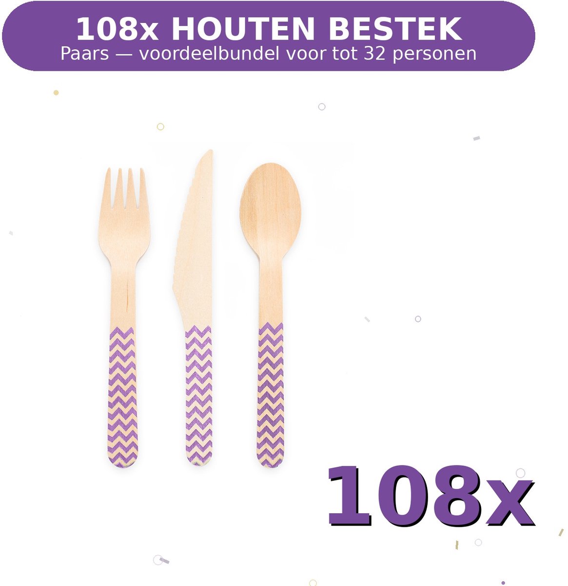 Houten bestek FSC Paars - Voordeelverpakking 108 Stuks voor tot 32 Personen - Feestartikelen