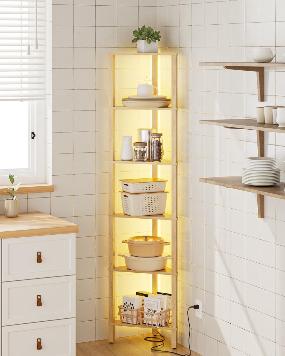 Corner Rack with 6 Levels and LED Lighting, Freestanding Rack Triangular Display Shelf, Space Saving Storage Rack for - ShopVlot