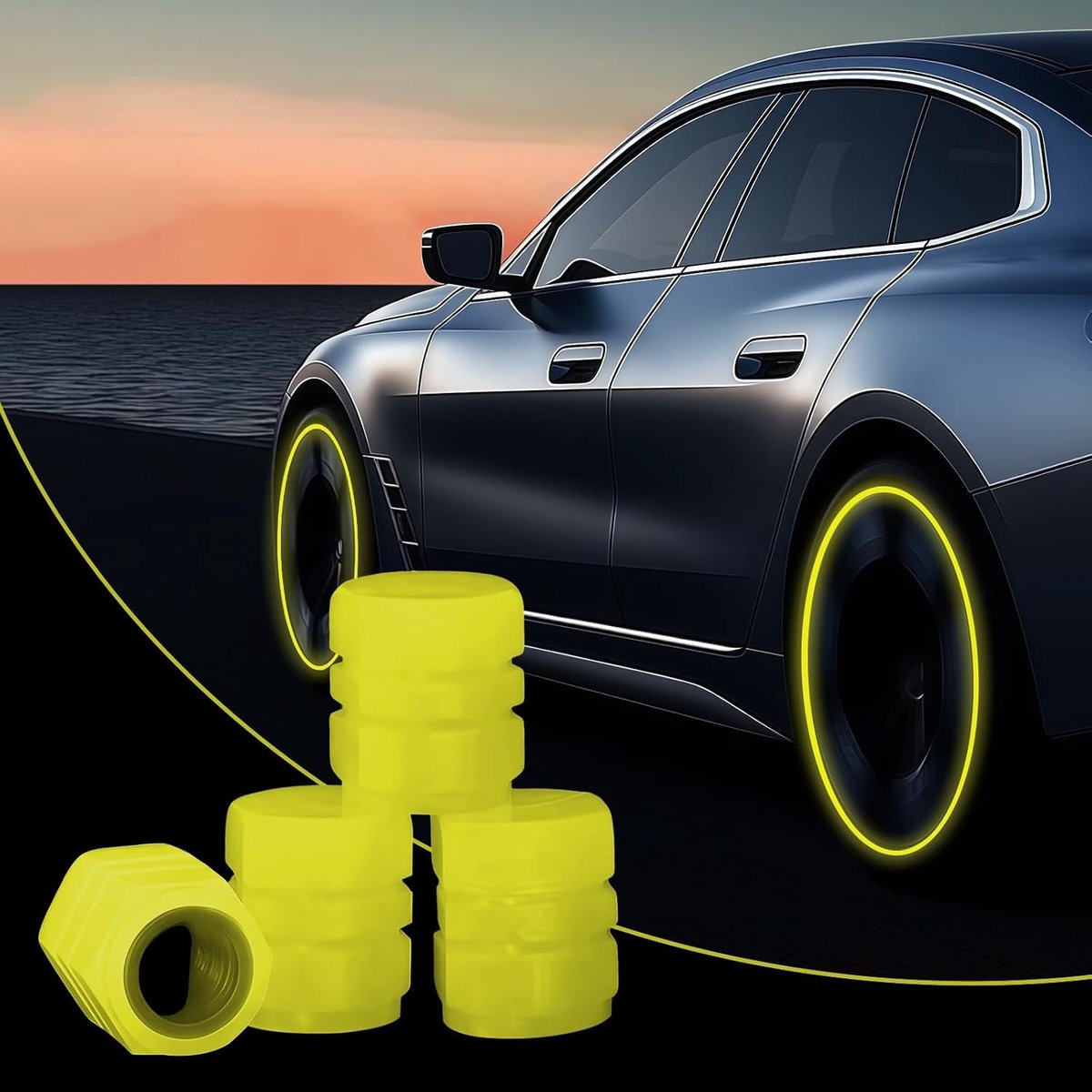 Set van 4 Luminous Ventieldoppen - Fluorescerende Ventieldoppen voor Auto's, Motoren en Fietsen - Universele Ventieldoppen in Geel