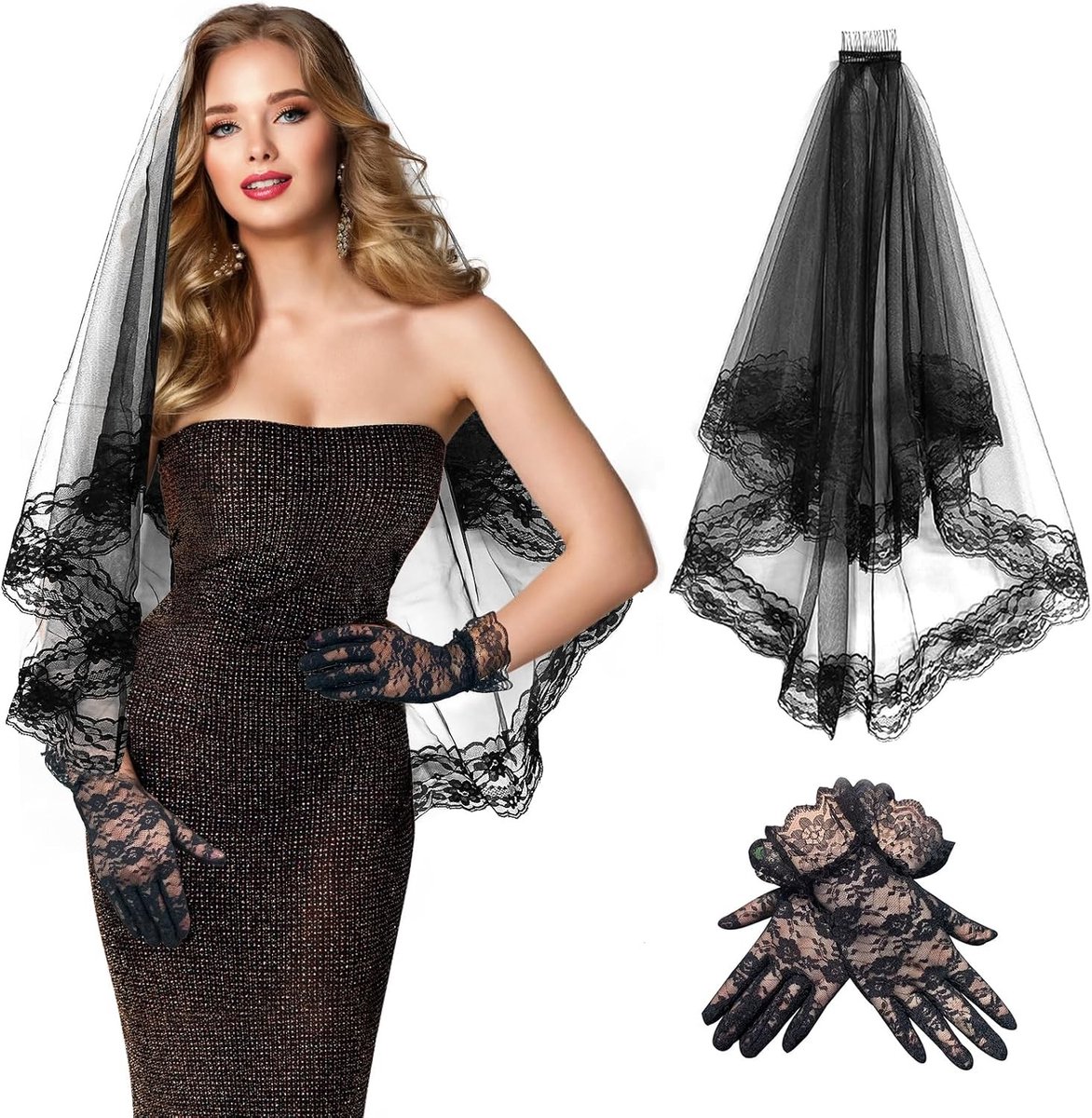 Zwart Tulle Bruidsluik met Kam en Korte Kanten Handschoenen Set voor Halloween en Bruiloft, Perfecte Accessoires voor Kostuums en Feestjes