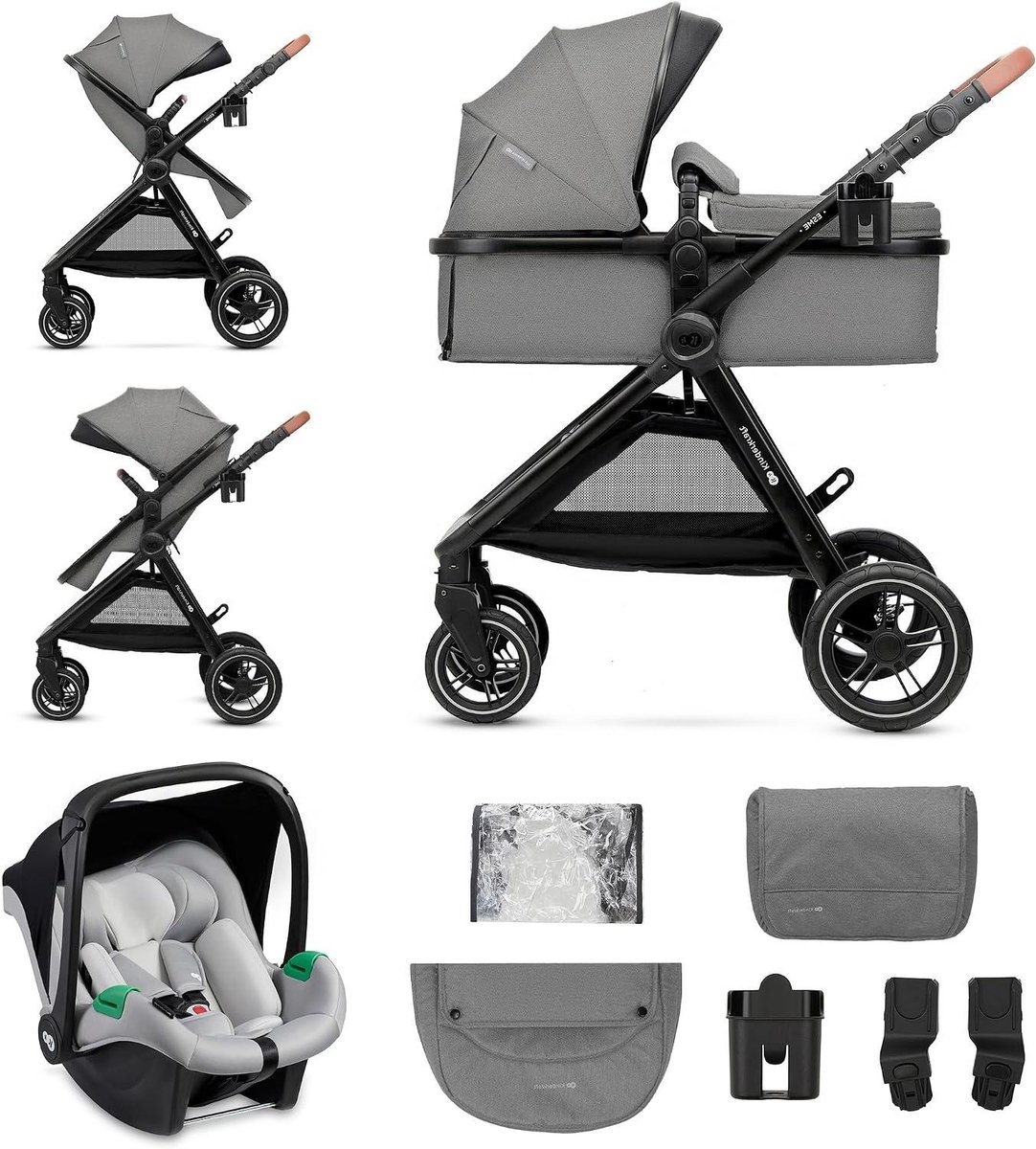 3-in-1 Kinderwagen - Babybuggy Reiswieg - Veilig Vervoer - Inclusief Autostoel - Tot 25 kg - Grijs