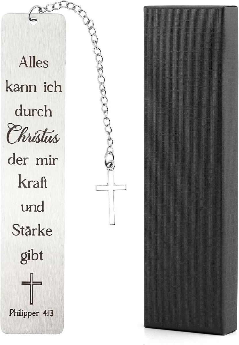 Bijbelvers RVS Boekenlegger met Kruis Hanger, Perfecte Christelijke Cadeau in Luxe Geschenkdoos, 130 x 26 mm