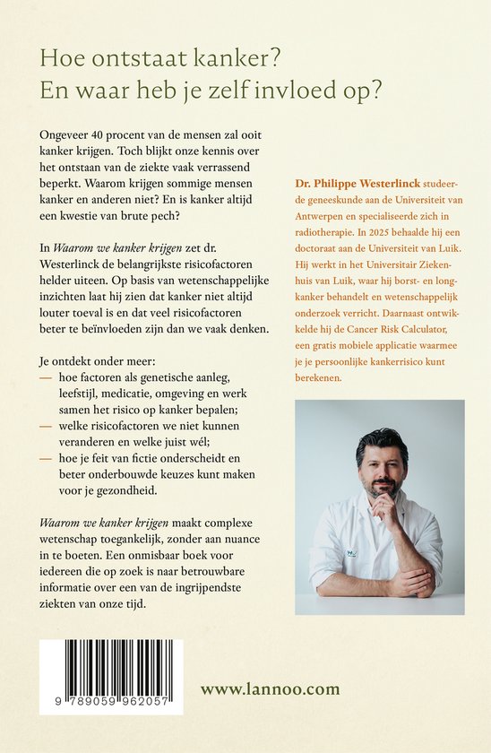 Boekomslag met titel "Hoe ontstaat kanker? En waar heb je zelf invloed op?". Een man in pak kijkt naar de camera, met een lichte glimlach.