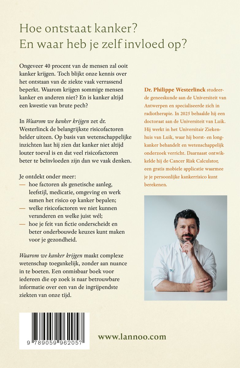 Boekomslag met titel "Hoe ontstaat kanker? En waar heb je zelf invloed op?". Een man in pak kijkt naar de camera, met een lichte glimlach.