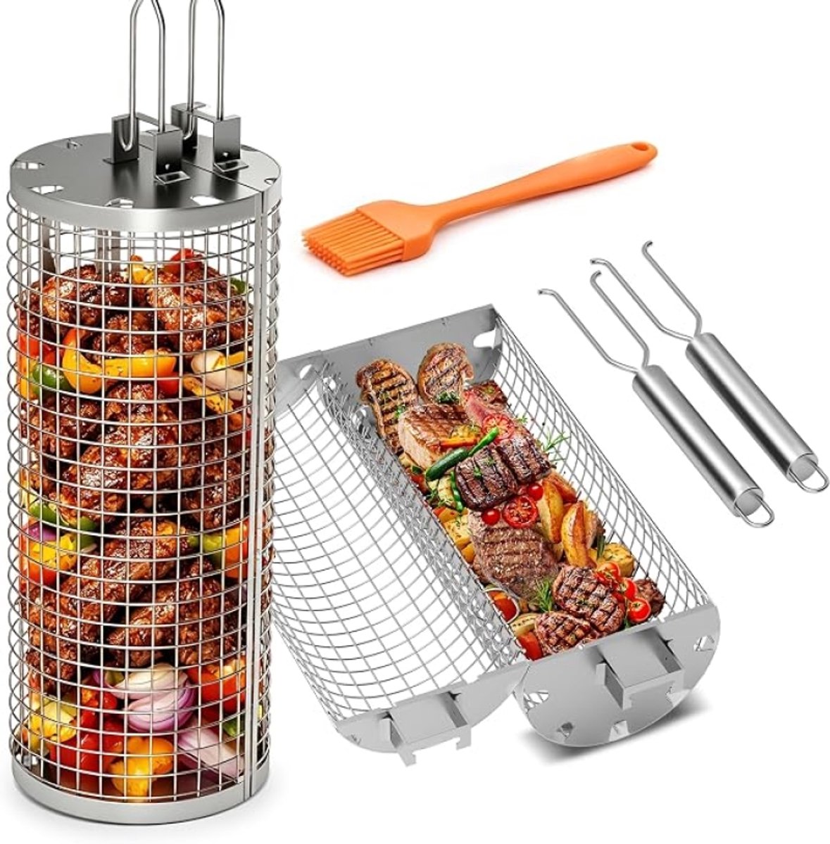 2-delige roterende barbecuemand set met afneembaar roestvrijstalen handvat - zwart, voor groenten, vlees en zeevruchten