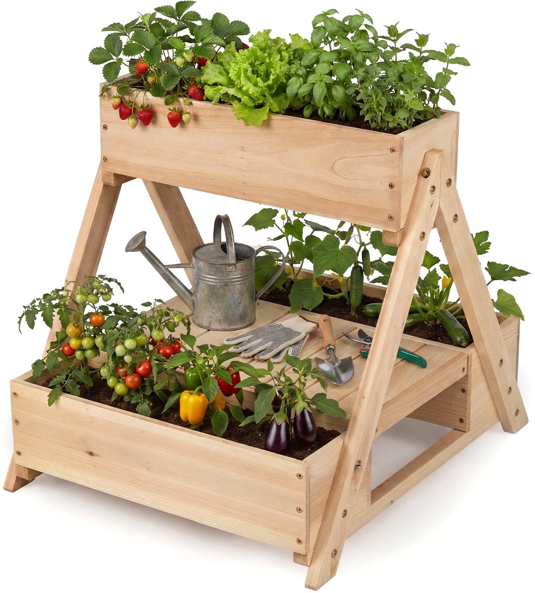 SureDeal® - Plantenbak - Hochbeet Dennenhout Plantentrap - Gescheiden Plantbakken - Open Opbergruimte Kruidenbed - 54,5x18x14 cm - Naturel