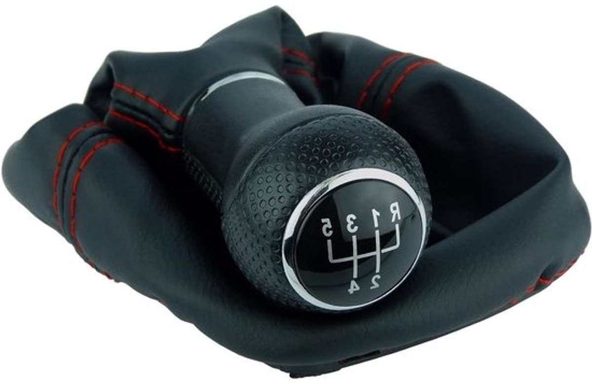 Schakelzak Schakelpook - Pookhoes Pookknop - Auto Interieur Upgraden - Rood Zwarte Naad - 5 Versnellingen - Zwart