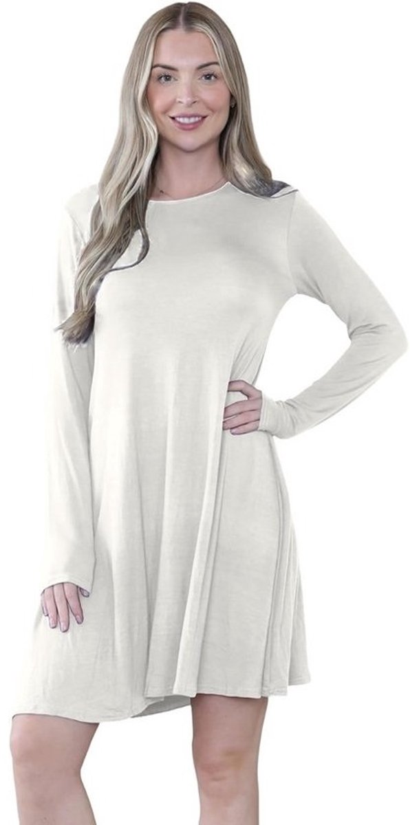 Dames lange mouw swing jurk ronde hals uitlopende A-lijn casual mini jurk