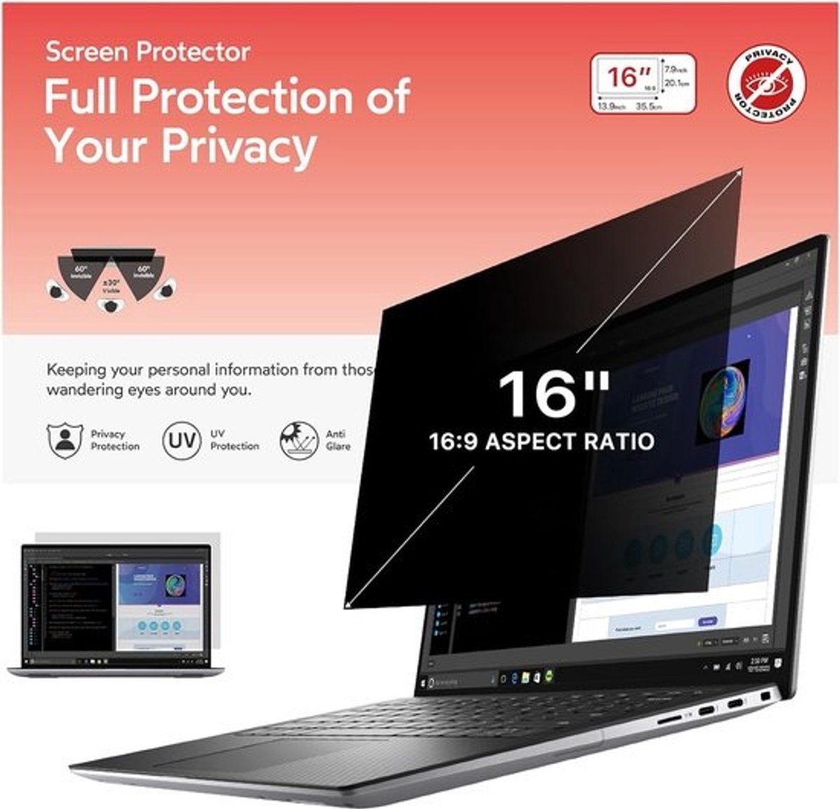 Privacy Screenfilter 16 Inch voor Laptops en Monitoren (16:9) - Anti-Spy, Anti-Glare en UV-Bescherming