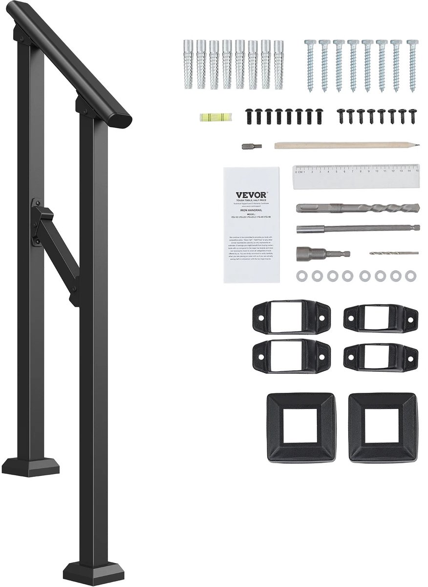 Cellista Trapleuning Buiten - Trapleuningrail - Leuning voor Buitentrap - Veiligheidshandgreep - Koolstofstaal - 1-2 Treden - 68 cm - Zwart