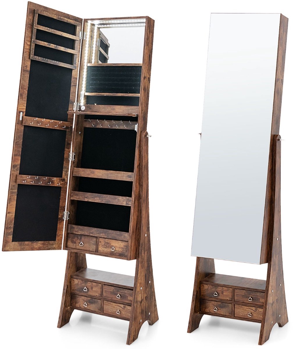 SureDeal® - Sieradenkast - Complete Spiegel - Juwelenkast Vrijstaande Juwelenhouder - 41x36x159 cm - Koffiebruin
