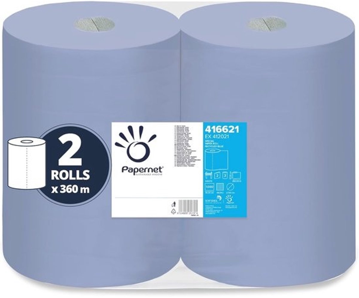 Industriële blauwe papierrol 360m - 2 lagen gerecycled papier, 2000 vellen