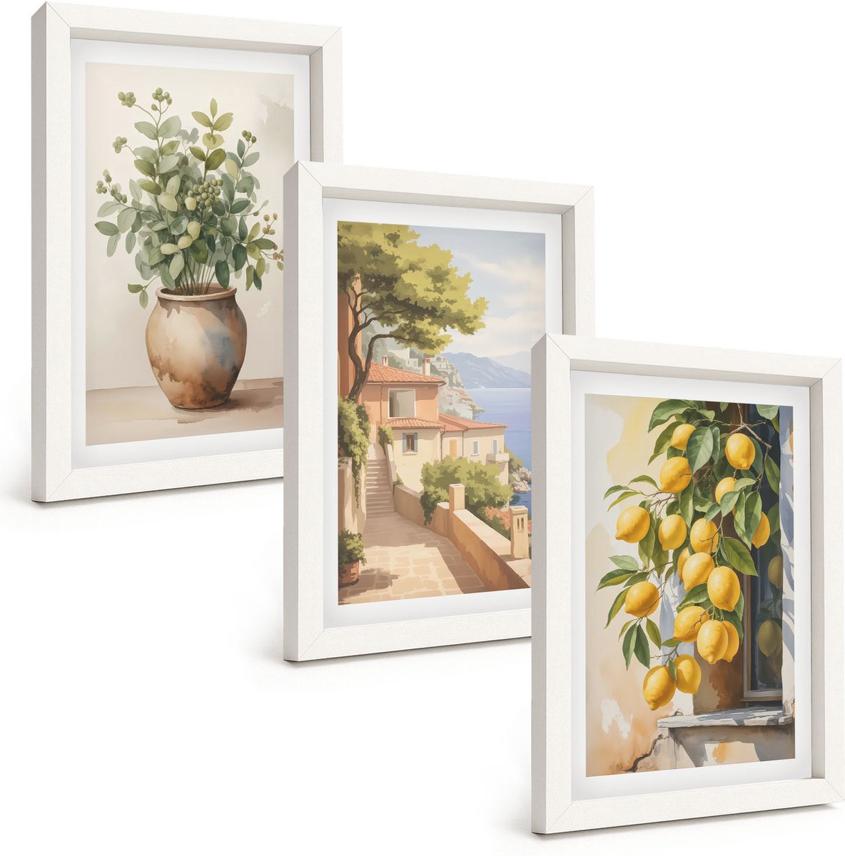 Wallfluent 3-Delige Schilderij Set - Bloemen In Een Vaas Met Uitzicht Op Zee En Citroenen - 20 x 30 - Wanddecoratie - Schilderijen Set - Kantoor - Decoratieve Schilderijen