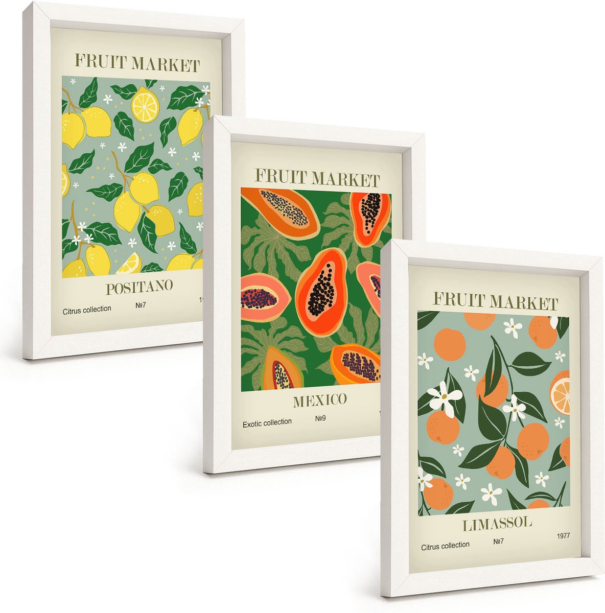 Wallfluent 3-Delige Schilderij Set - Fruitposters Citroenen Papaja'S Mandarijnen Bloemen - 20 x 30 - Decoratieve Schilderijen - Wanddecoratie - Hal - Interieur Decoratie