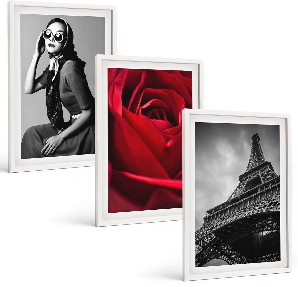 Wallfluent 3-Delige Schilderij Set - Parijse Vrouw Met Bril, Roos En Eiffeltoren - 40 x 60 - Wanddecoratie - Muurdecoratie - Woonkamer - Interieur Decoratie