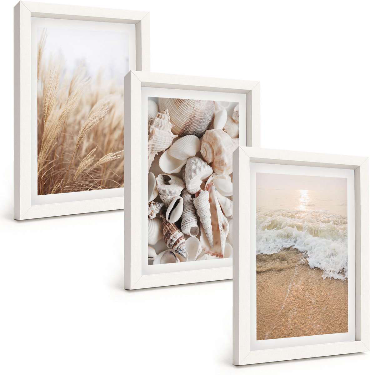 Wallfluent 3-Delige Schilderij Set - Strandthema Met Schelpen En Zeegolven - 20 x 30 - Moderne Wanddecoratie - Woonkamer