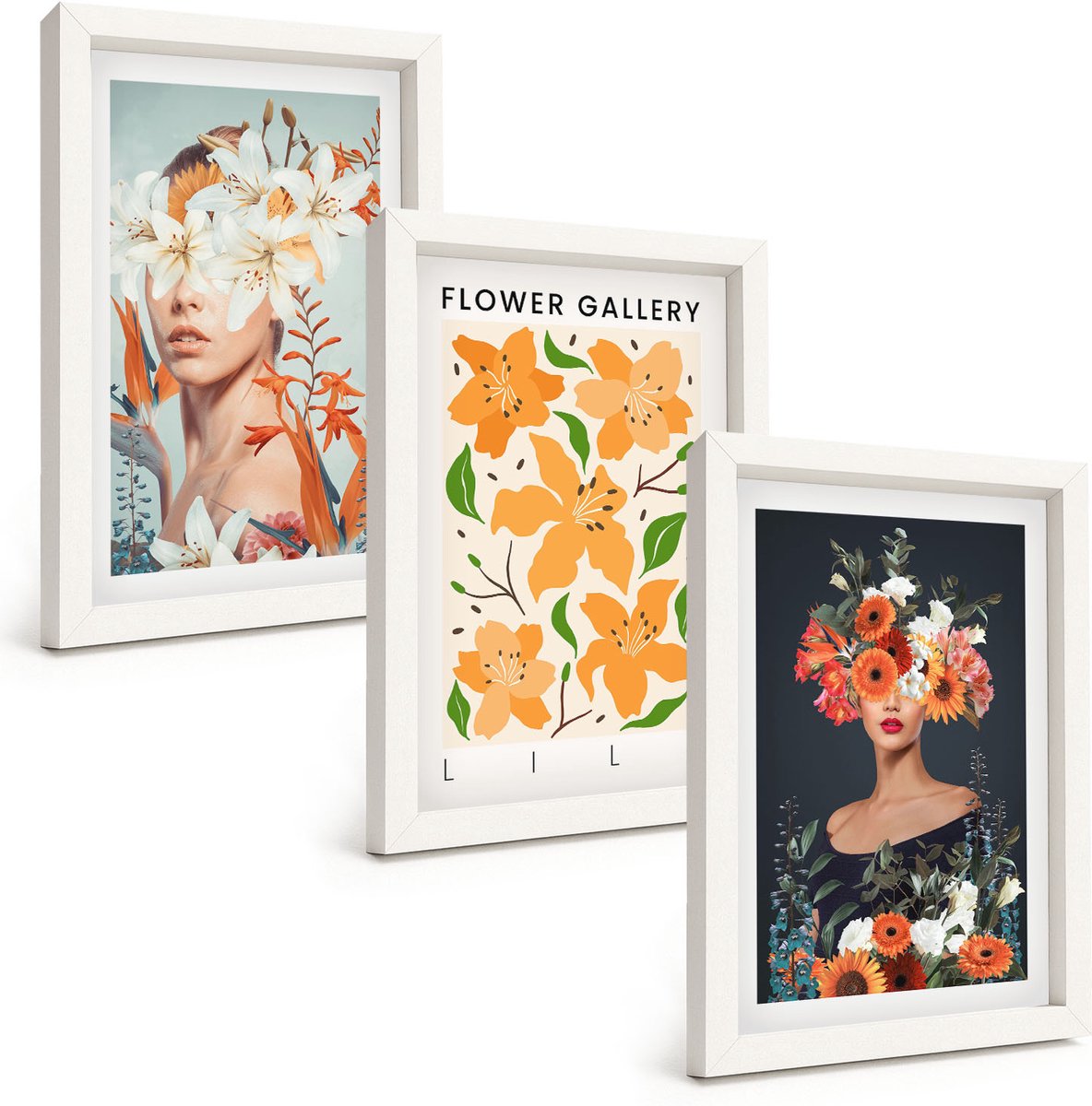 Wallfluent 3-Delige Schilderij Set - Bloemenportretten Met Kleurrijke Boeketten En Bladeren - 20 x 30 - Muurdecoratie - Schilderijen Set - Woonkamer - Decoratieve Schilderijen