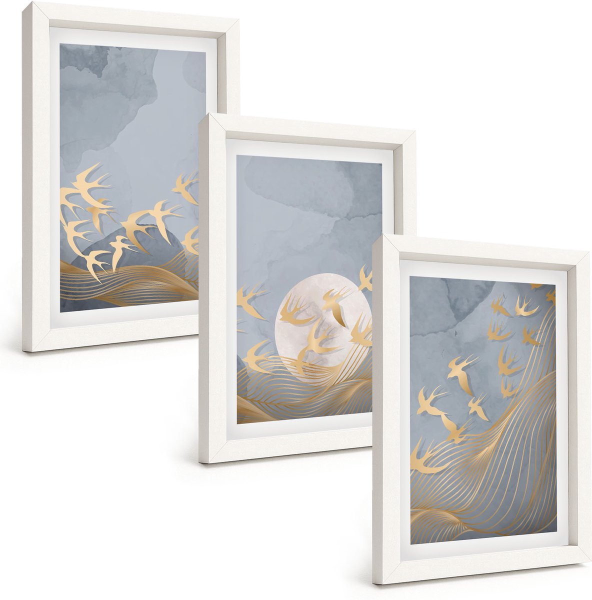 Wallfluent 3-Delige Schilderij Set - Vogels In Vlucht Tegen De Hemel En De Maan. - 20 x 30 - Muurdecoratie - Schilderijen Set - Woonkamer