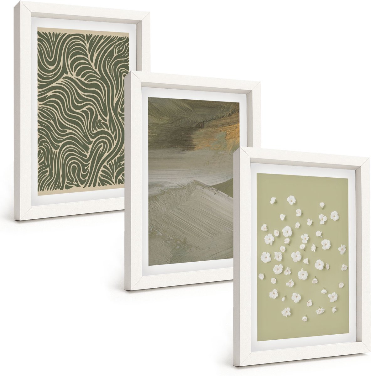 Wallfluent 3-Delige Schilderij Set - Golvende En Abstracte Patronen Met Boho-Bloemen - 20 x 30 - Stijlvolle Muurdecoratie - Slaapkamer