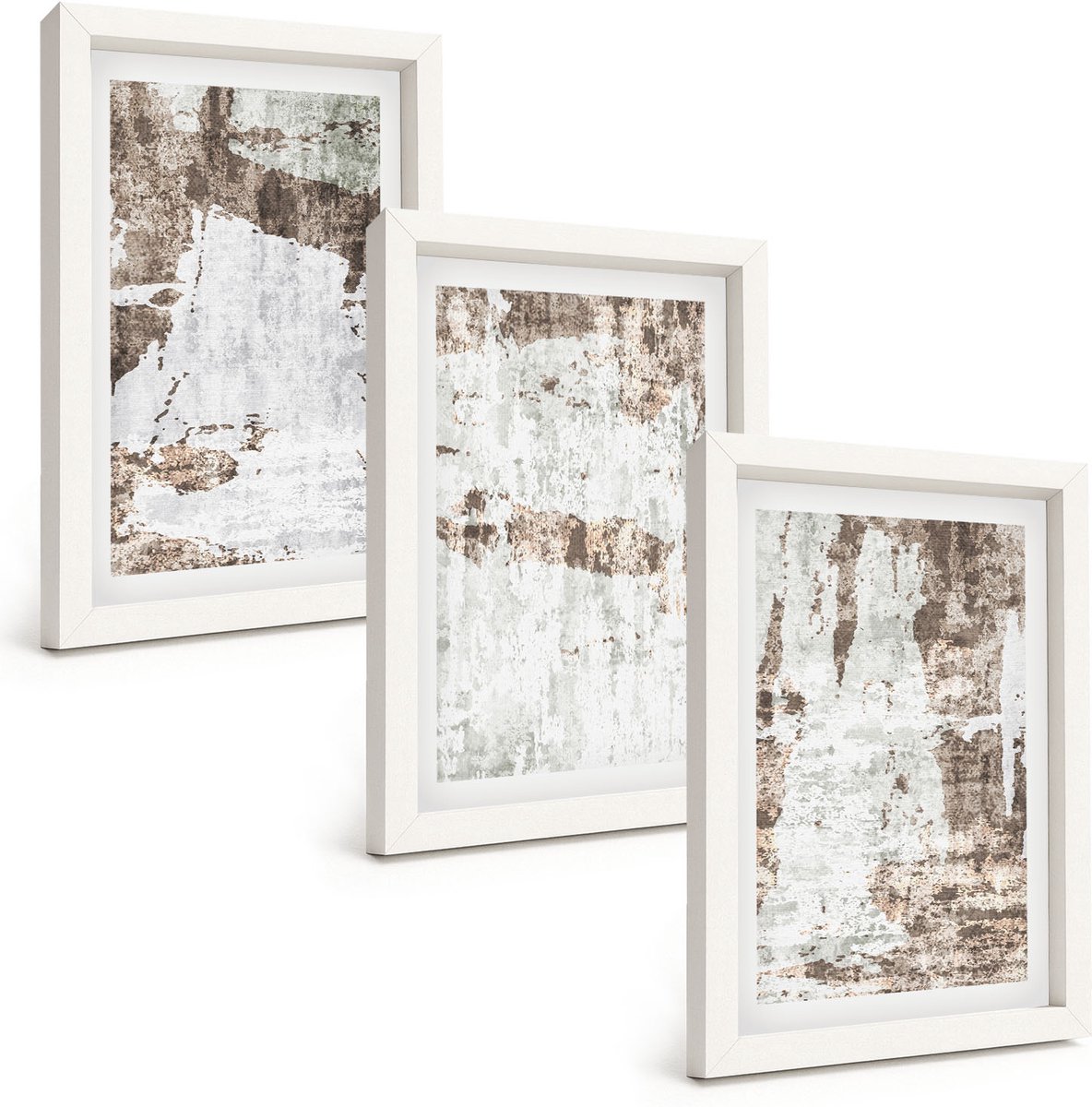 Wallfluent 3-Delige Schilderij Set - Abstracte Patronen In Tinten Wit En Bruin. - 20 x 30 - Wanddecoratie - Schilderijen Set - Interieur - Muurdecoratie