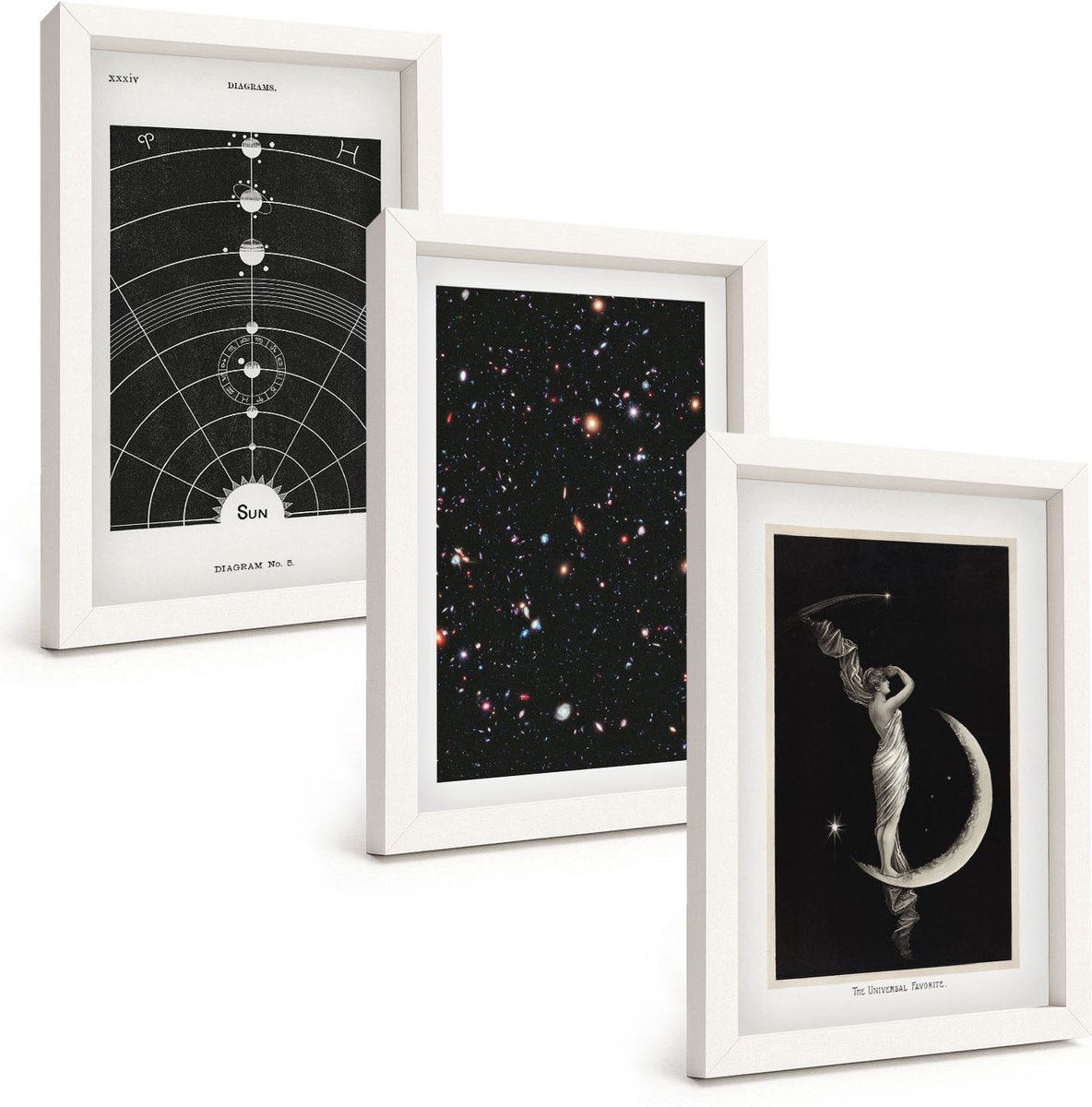 Wallfluent 3-Delige Schilderij Set - Sterrenstelsel In Het Zonnestelsel 'S Nachts Figuur Op De Maan - 20 x 30 - Decoratieve Schilderijen - Wanddecoratie - Hal - Woonkamer Decoratie