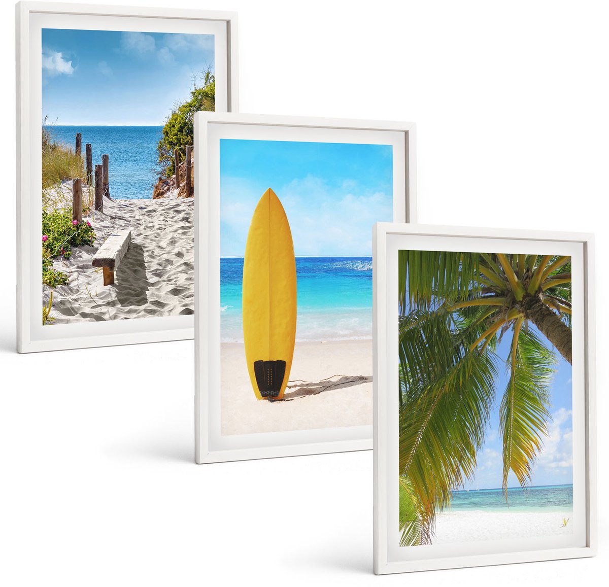 Wallfluent 3-Delige Schilderij Set - Vakantiegezichten, Strandgolven En Palmbomen In De Tropen - 40 x 60 - Muurdecoratie - Wanddecoratie - Hal