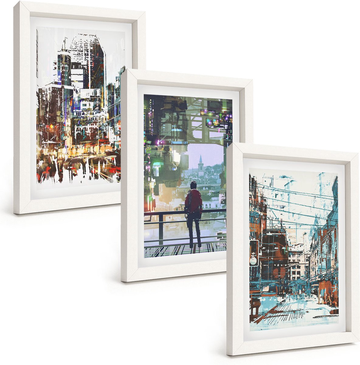 Wallfluent 3-Delige Schilderij Set - Moderne Steden In Kleur Met Een Figuur Op De Achtergrond - 20 x 30 - Wanddecoratie - Muurdecoratie - Moderne Interieurdecoratie - Stijlvolle Muurdecoratie