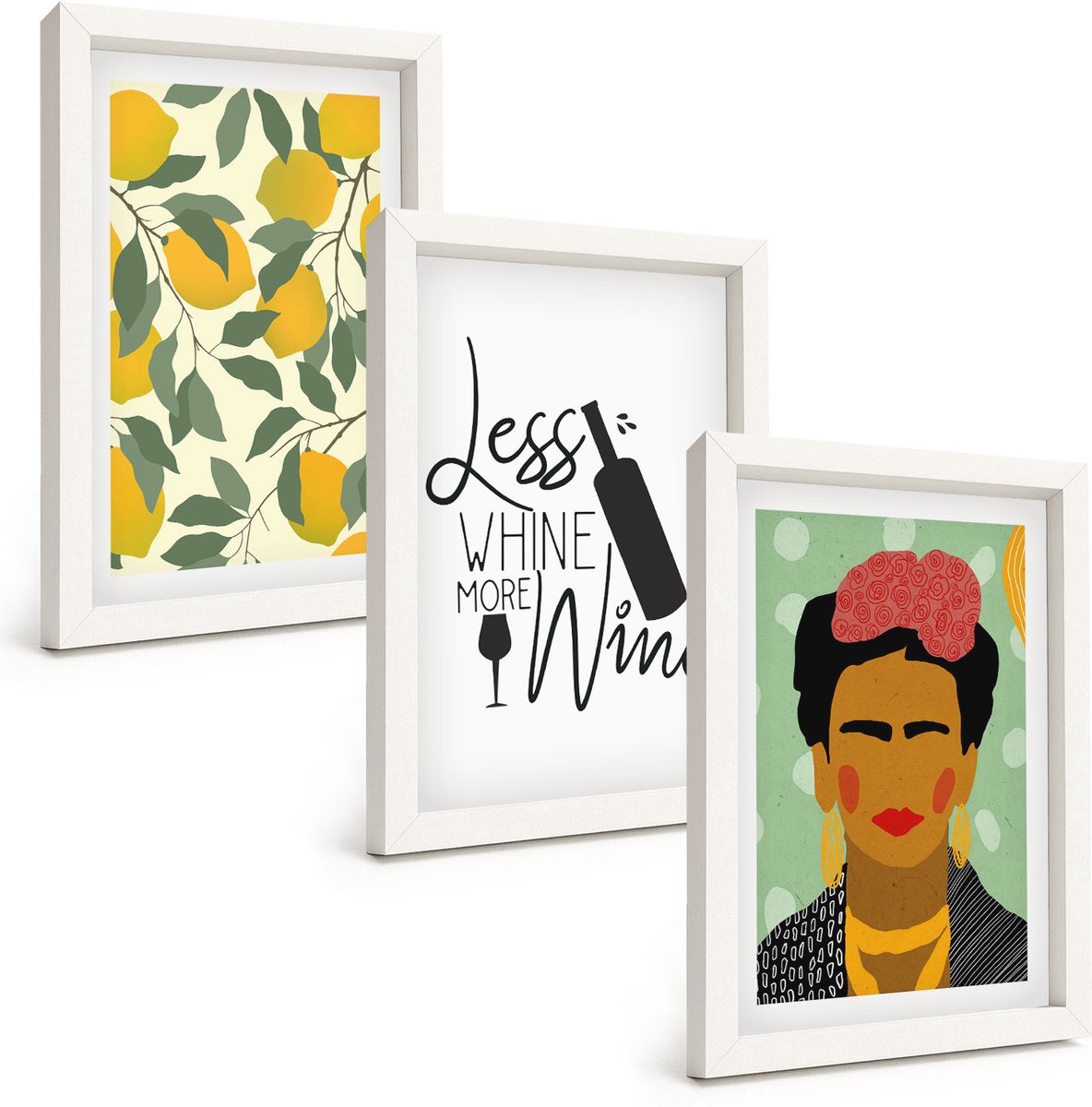 Wallfluent 3-Delige Schilderij Set - Citroenen Wachtwoord Over Wijn Portret Van Frida Kahlo - 20 x 30 - Stijlvolle Muurdecoratie - Kantoor - Interieur Decoratie