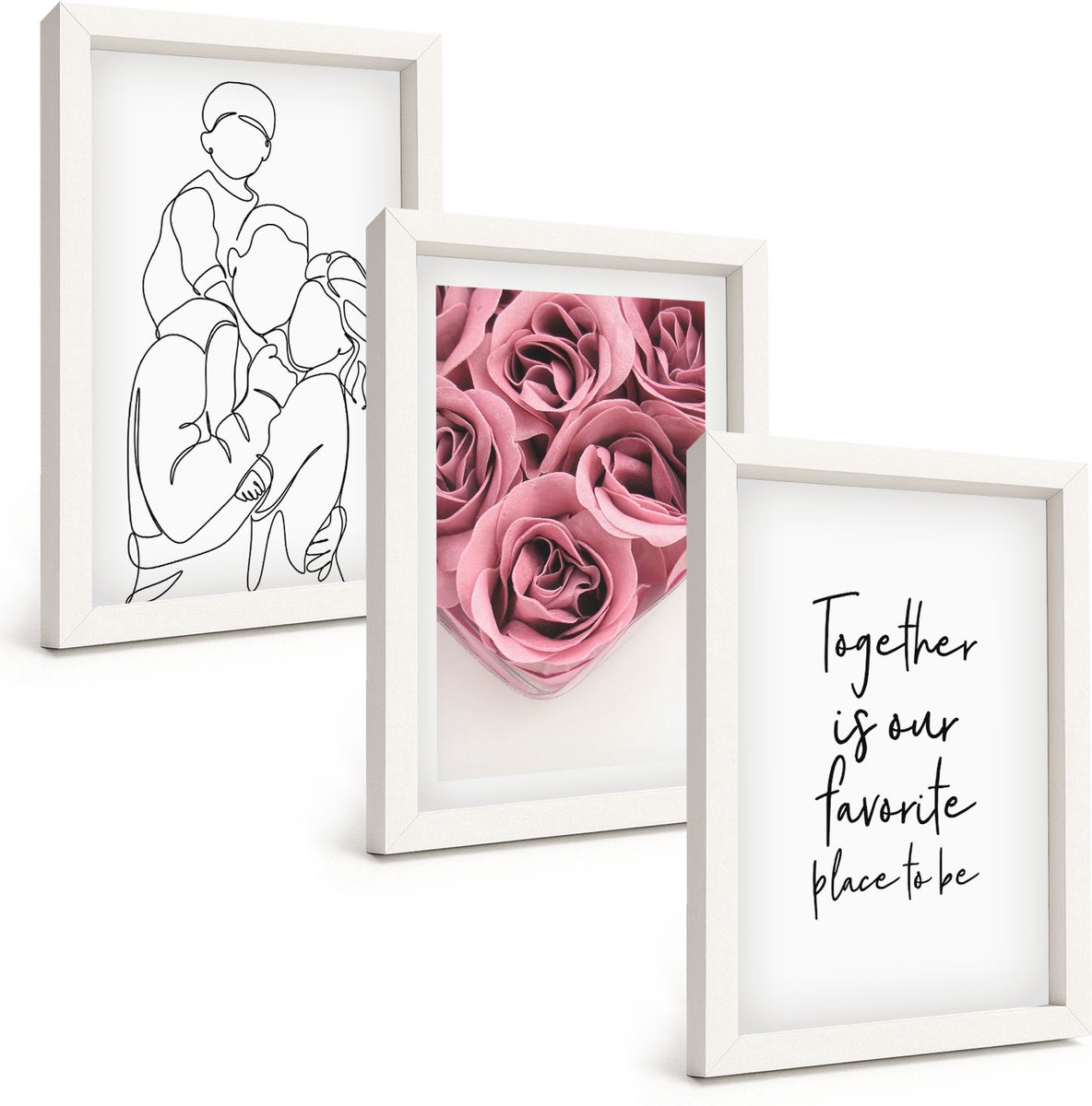 Wallfluent 3-Delige Schilderij Set - Familie Lineart Rozenboeketten Inscriptie Thuis - 20 x 30 - Wanddecoratie - Woonkamer Decoratie - Stijlvolle Muurdecoratie