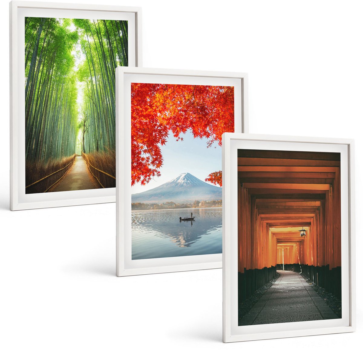 Wallfluent 3-Delige Schilderij Set - Bamboebos, Mount Fuji, Torii-Pad, Landschappen Van Japan - 40 x 60 - Wanddecoratie - Woonkamer Decoratie