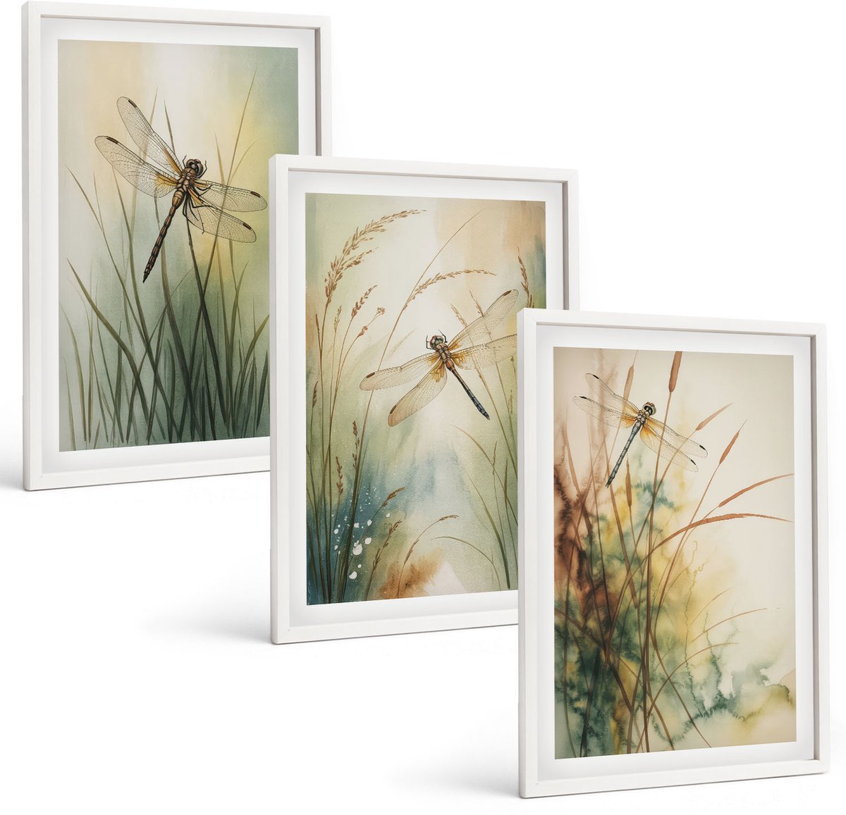 Wallfluent 3-Delige Schilderij Set - Geschilderd Gras Met Libellen Boven Het Water. - 40 x 60 - Wanddecoratie - Schilderijen Set - Interieur - Woonkamer Decoratie