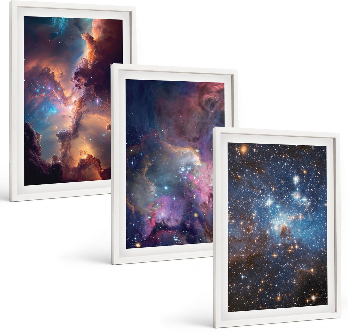 Wallfluent 3-Delige Schilderij Set - Ruimtelandschappen Met Sterren En Nevels - 40 x 60 - Wanddecoratie - Moderne Interieurdecoratie - Stijlvolle Muurdecoratie