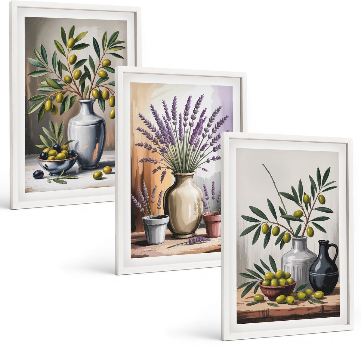 Wallfluent 3-Delige Schilderij Set - Bloemen En Olijven In Vazen ​​Op Een Lichte Achtergrond - 40 x 60 - Decoratieve Schilderijen - Woonkamer - Interieur - Woonkamer Decoratie