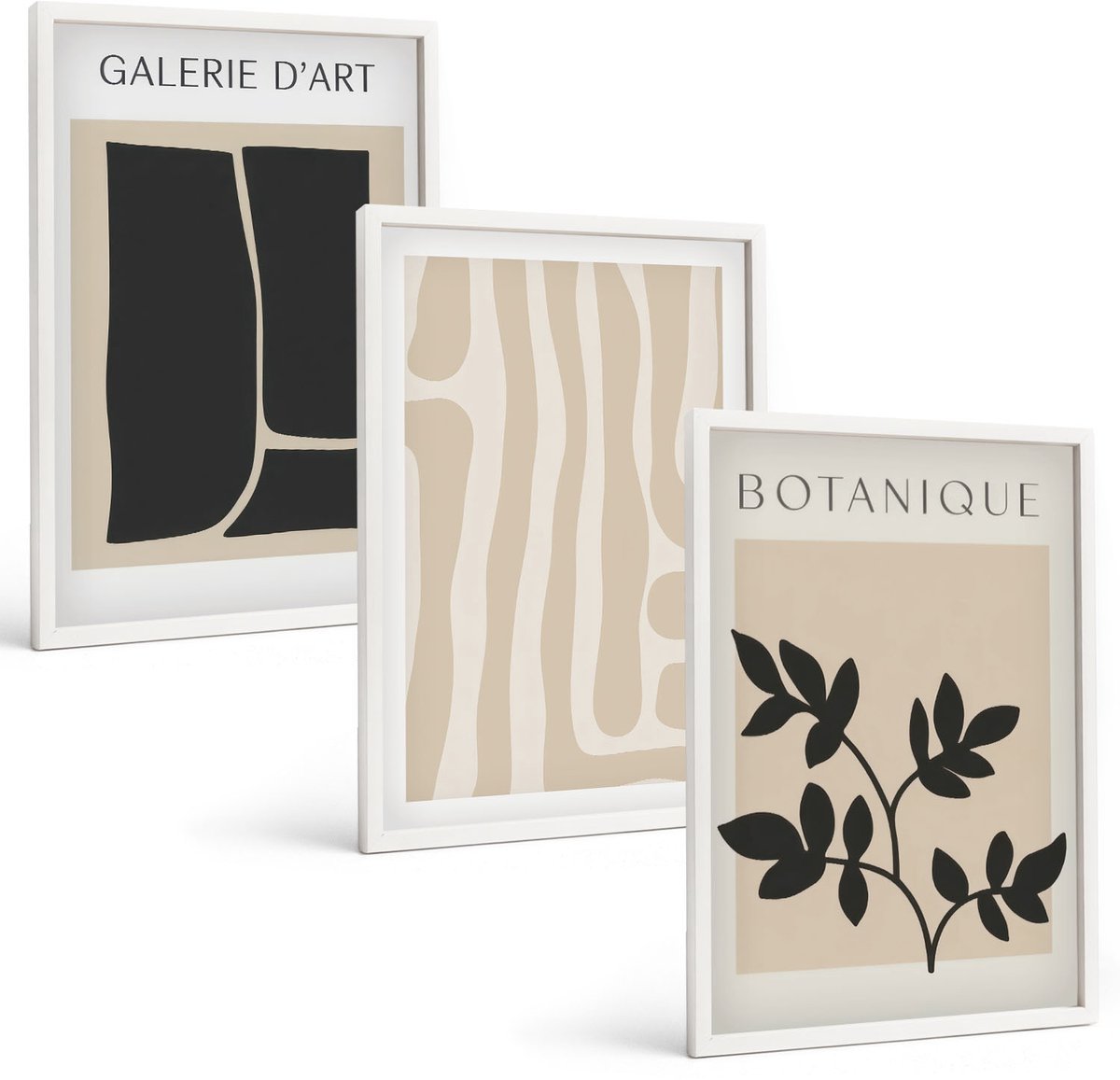 Wallfluent 3-Delige Schilderij Set - Abstracte Vormen En Plantmotieven In Neutrale Tinten. - 40 x 60 - Decoratieve Muurdecoratie - Slaapkamer - Woonkamer Decoratie